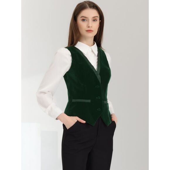 Velvet Suit Waistcoat Retro Sleeveless Steampunk Blazer Dressy Vest Dark Green - Picture 4 of 5